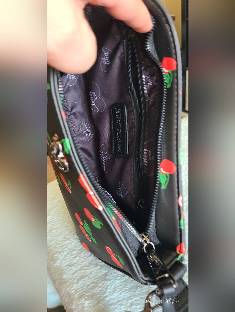 Betsey Johnson Black Cherry Print Crossbody Bag with Red Charm - Picture 13 of 14